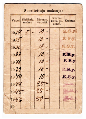 Jäsenkortti vuodelta 1934, maksut on maksettu